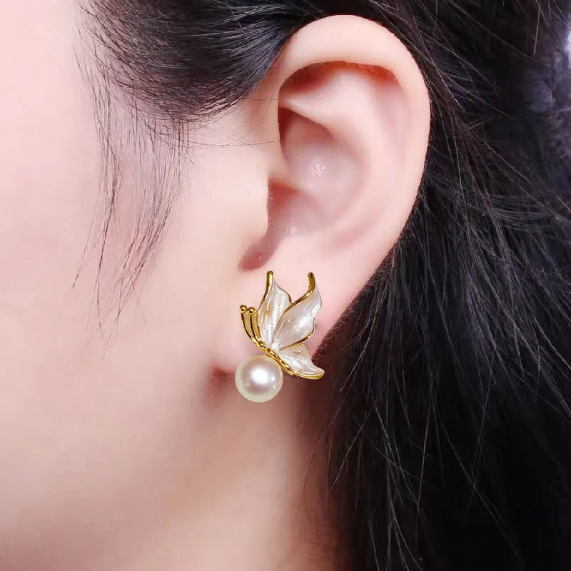 Mythstone 925 Sterling Silver Posts Copper Plated Gold Natural Pearl Bead Butterfly Wisdom Stud Earrings - Image 8