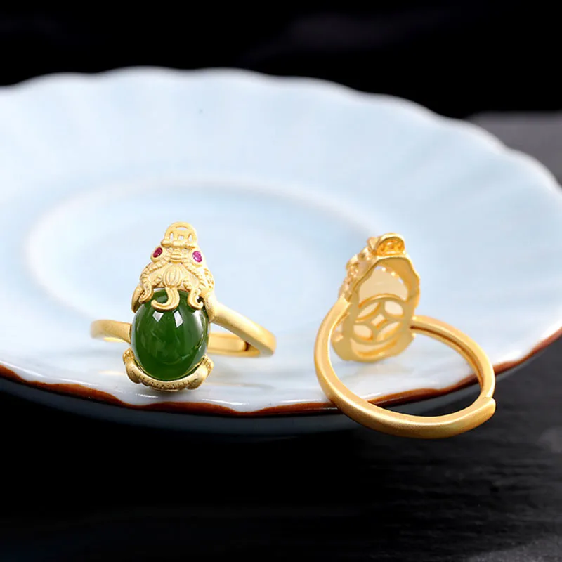 Mythstone 18k Gold-plated Pixiu Jade Wealth Ring - Image 9