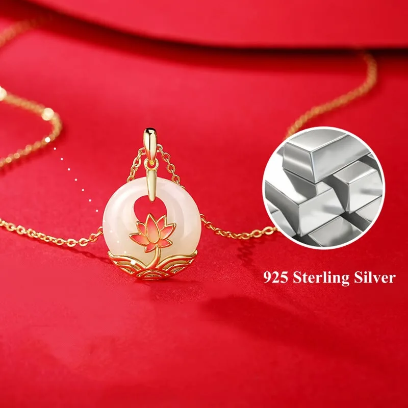 Mythstone 925 Sterling Silver Hetian White Jade Lotus Flower Blessing Necklace Pendant - Image 9