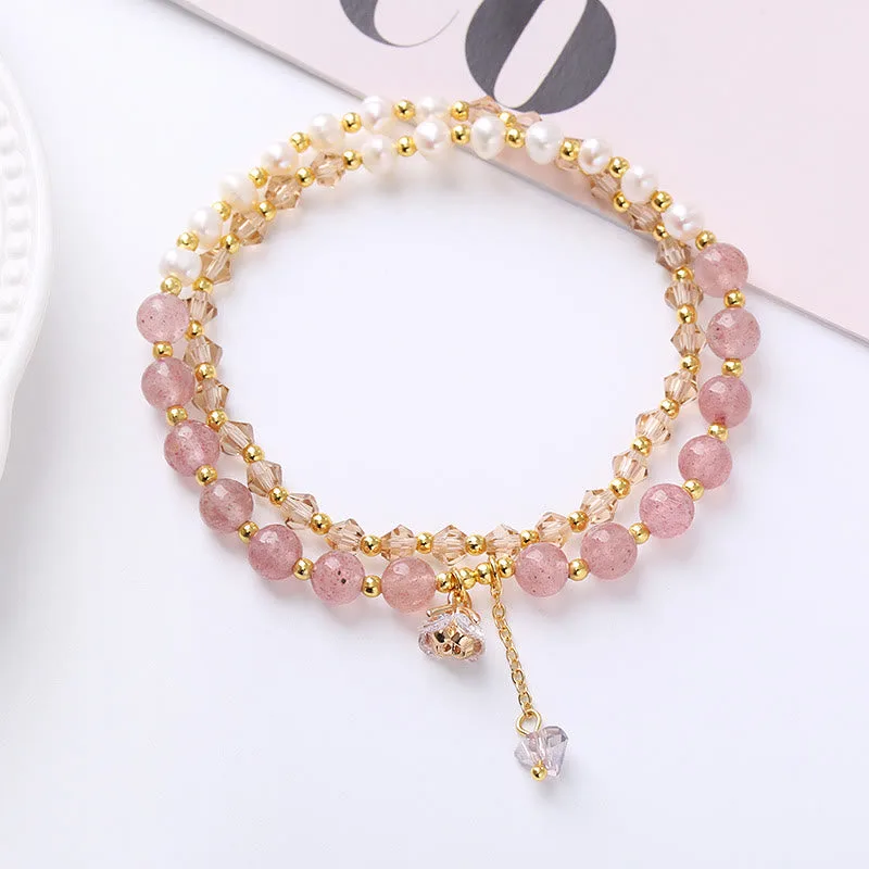 Mythstone Natural Amethyst Aquamarine Strawberry Quartz Pearl Peace Healing Double Wrap Bracelet - Image 7