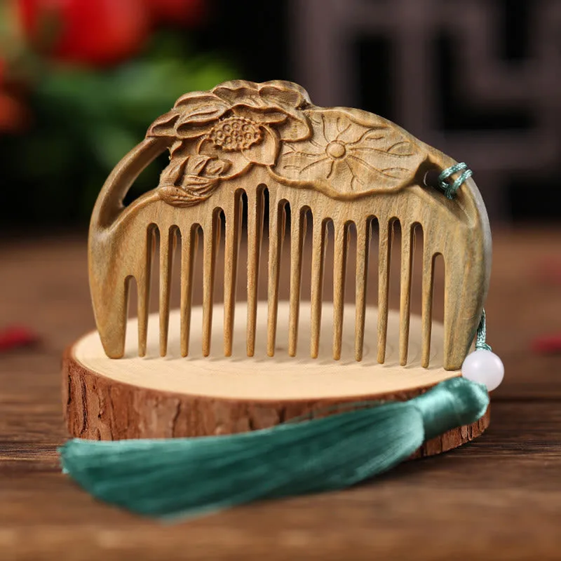 Mythstone Green Sandalwood Fox Peony Flower Lotus Engraved Cure Tassel Comb - Image 11