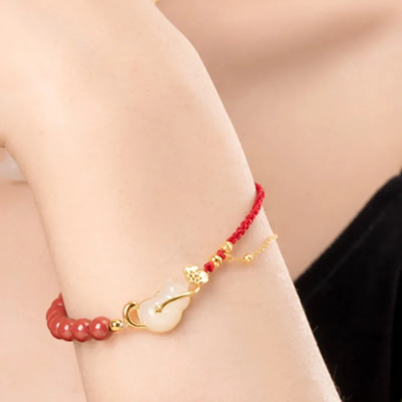 Mythstone 925 Sterling Silver Plated 18K Gold Hetian Jade Ruyi Cat Cinnabar Luck Bracelet Necklace Pendant Set - Image 13