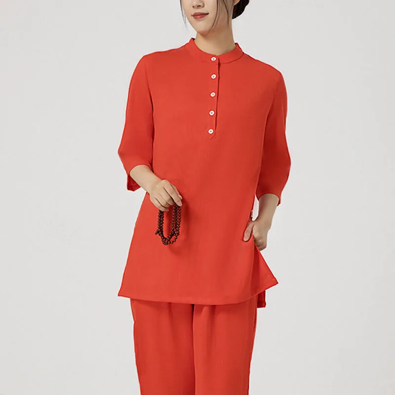 Mythstone 2Pcs Solid Color Three Quarter Shirt Top Pants Meditation Zen Tai Chi Cotton Linen Clothing Women's Set - Image 9