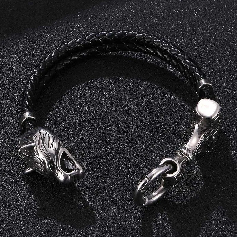 Mythstone Wolf Head Titanium Steel Leather Weave Blessing Bracelet - Image 6
