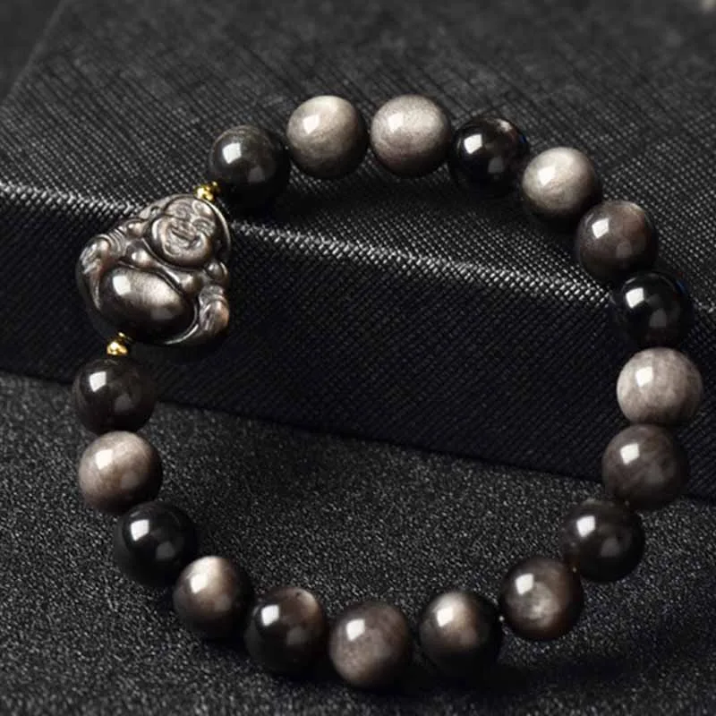 Mythstone Silver Sheen Obsidian Lotus Flower Nine Tailed Fox Laughing Buddha Protection Bracelet - Image 13