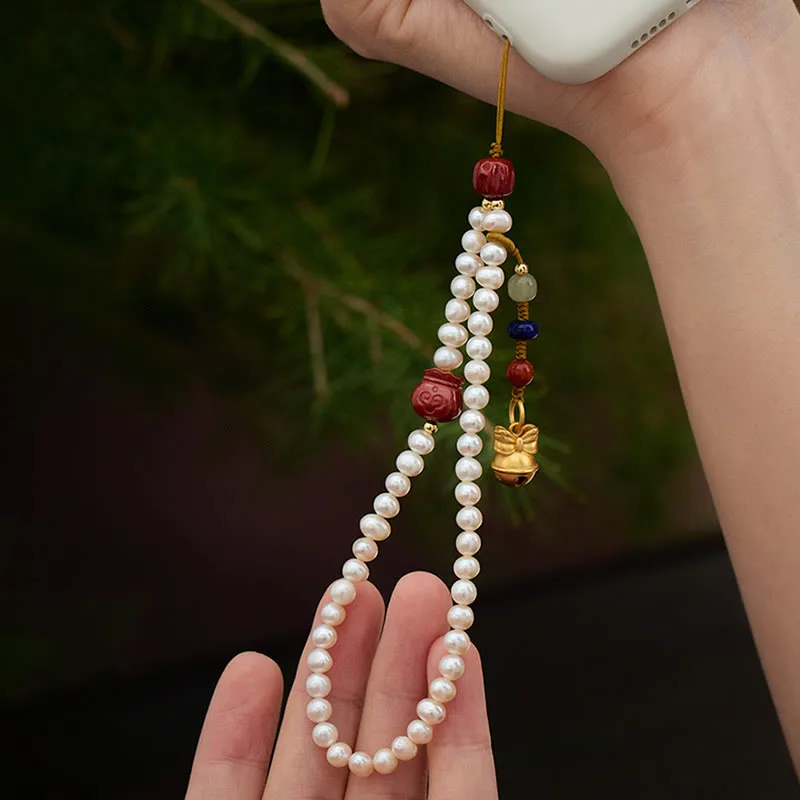 Mythstone Natural Pearl Cinnabar Money Bag Bell Gold Swallowing Beast Dancing Lion Healing Phone Hanging Decoration - Image 6