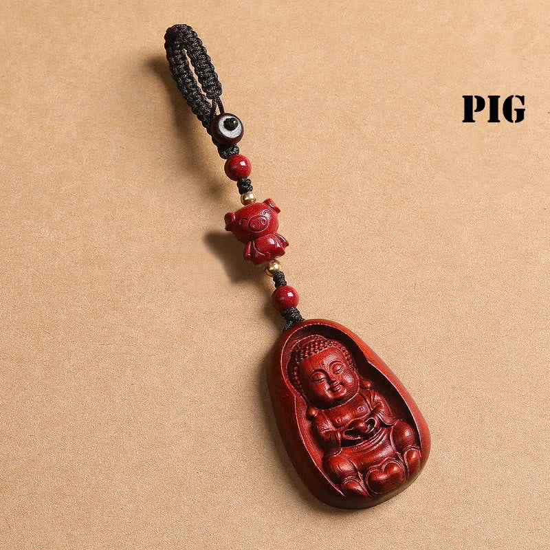 Mythstone Small Leaf Red Sandalwood Buddha Cinnabar Chinese Zodiac Amulet Protection Key Chain - Image 26