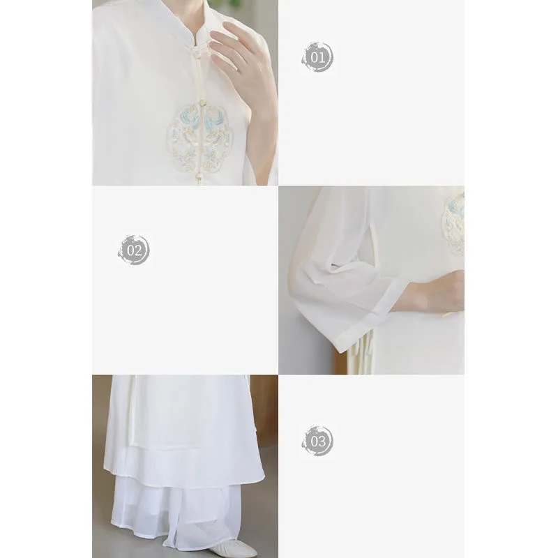 Mythstone Embroidery Chiffon Cheongsam Midi Dress Wide Leg Pants Meditation Zen Practice Clothing - Image 13