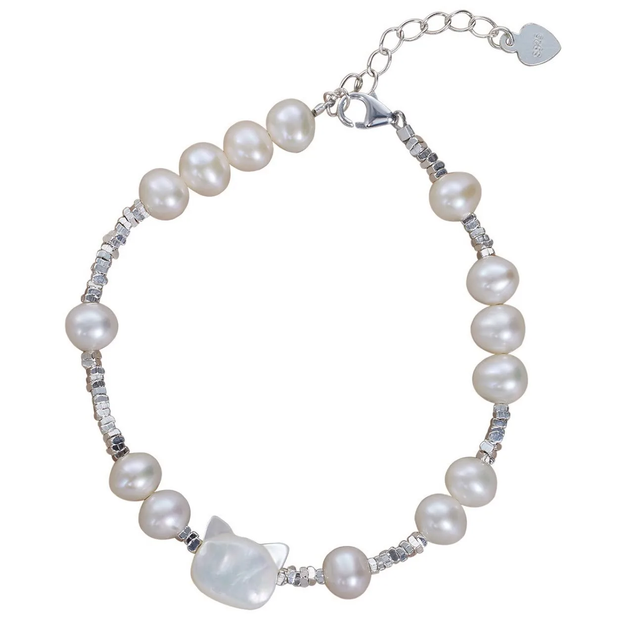 Mythstone Pearl Cat Head Tridacna Stone Silver Chain Healing Bracelet - Image 5