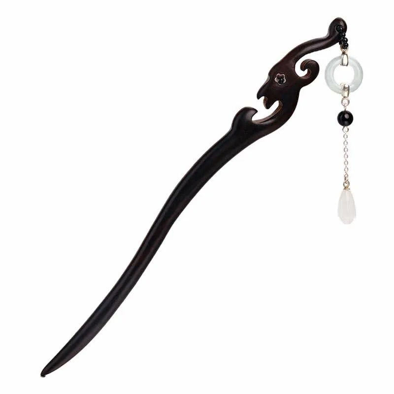 Mythstone 925 Sterling Silver Hetian White Jade Ebony Wood Protection Hairpin - Image 7