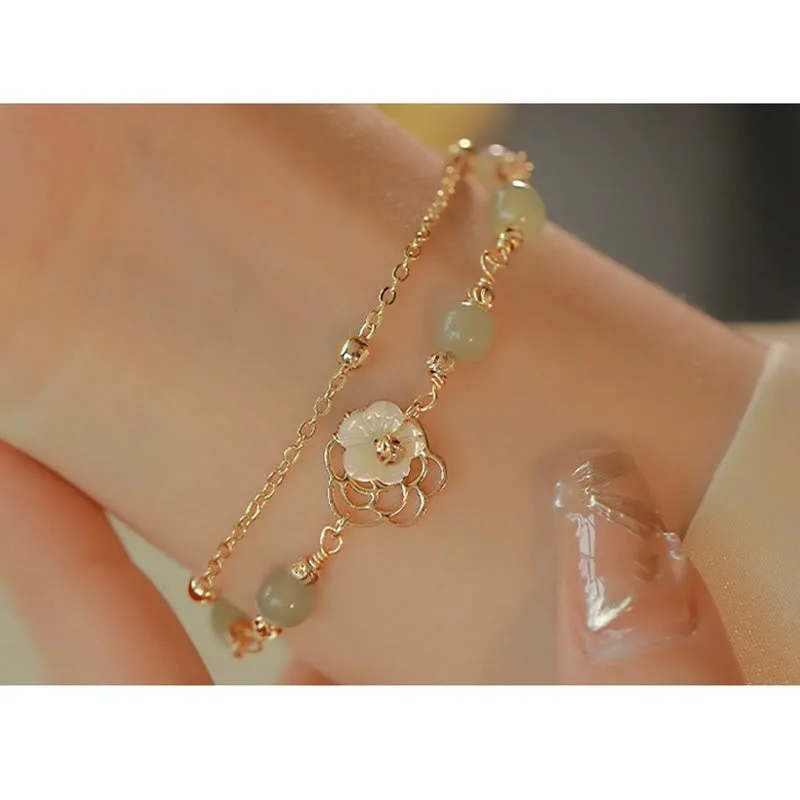 MythStone 14K Gold Plated Jade Butterfly Tridacna Stone Flower Double Layer Luck Bracelet - Image 18