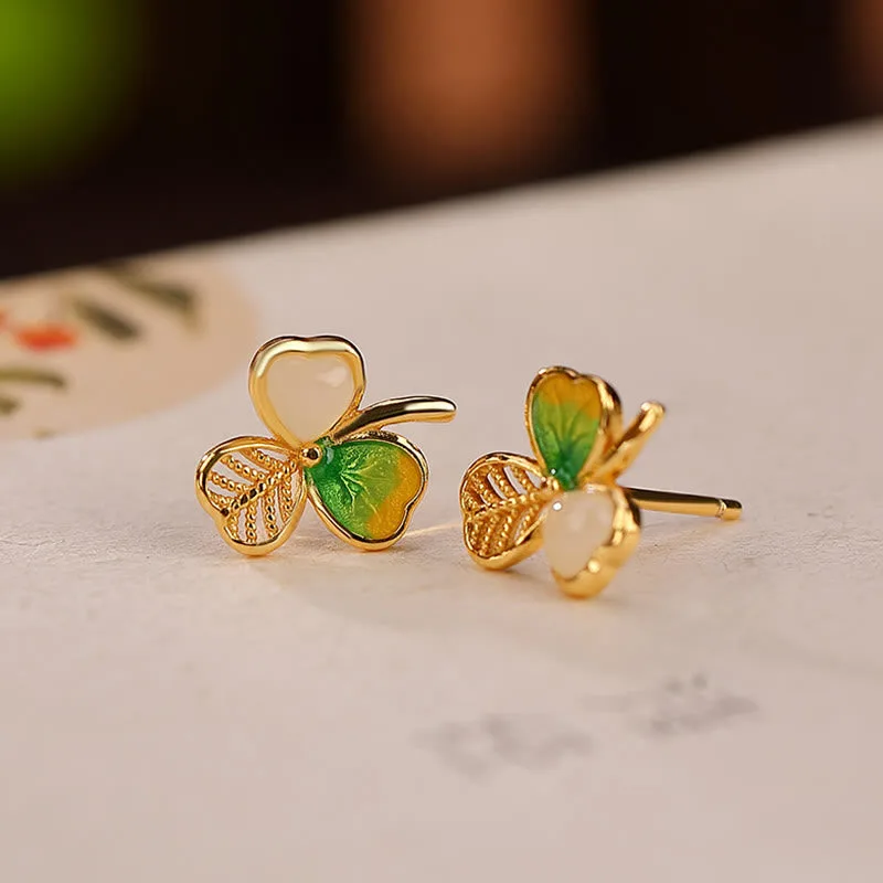 Mythstone 925 Sterling Silver Plated Gold Hetian Jade Luck Shamrock Clover Necklace Pendant Earrings - Image 6