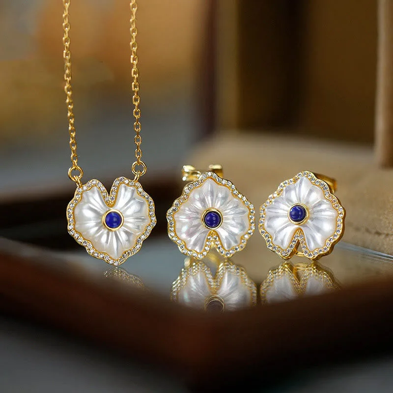 Mythstone 925 Sterling Silver Love Heart Tridacna Stone Red Agate Lazurite Blessing Earrings Necklace Jewelry Set - Image 2