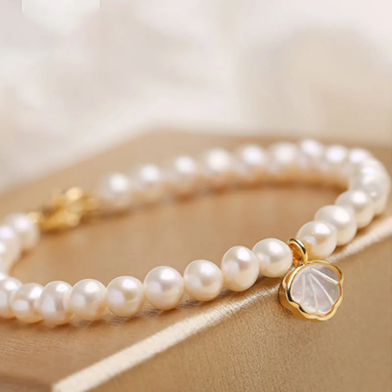 Mythstone 14K Gold Plated Natural Pearl Crystal Shell Charm Bead Bracelet - Image 6