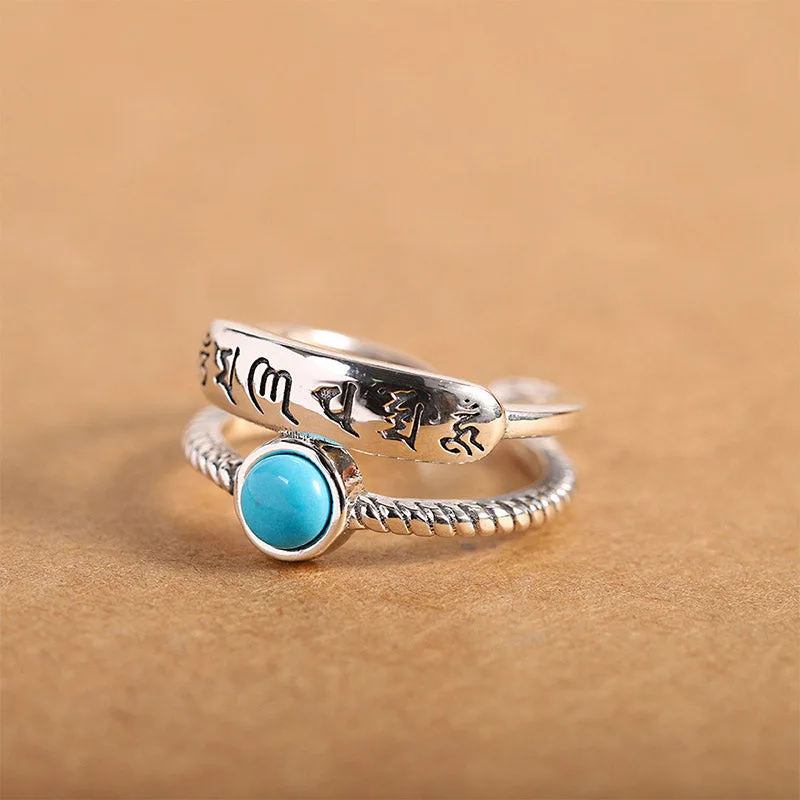 925 Sterling Silver Turquoise Six True Words Blessing Ring - Image 6
