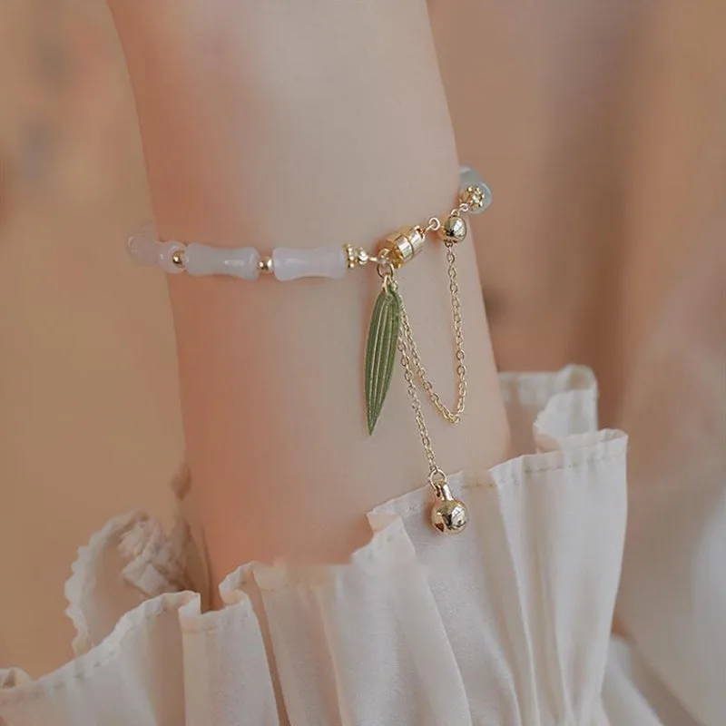 Mythstone 14K Gold Plated Hetian White Jade Bamboo Leaf Luck Protection Bracelet - Image 3