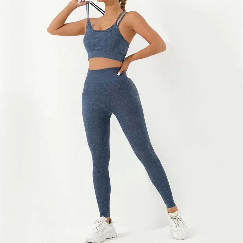 Mythstone 2Pcs Simple Print Crop Tank Bra Long Sleeve Top Leggings Pants Sports Outfits Women's Yoga Sets - Image 16