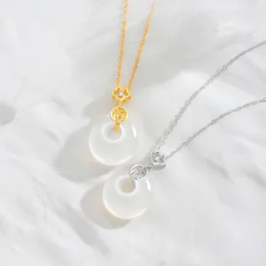 Mythstone 925 Sterling Silver Hetian White Jade Fu Character Happiness Luck Necklace Pendant