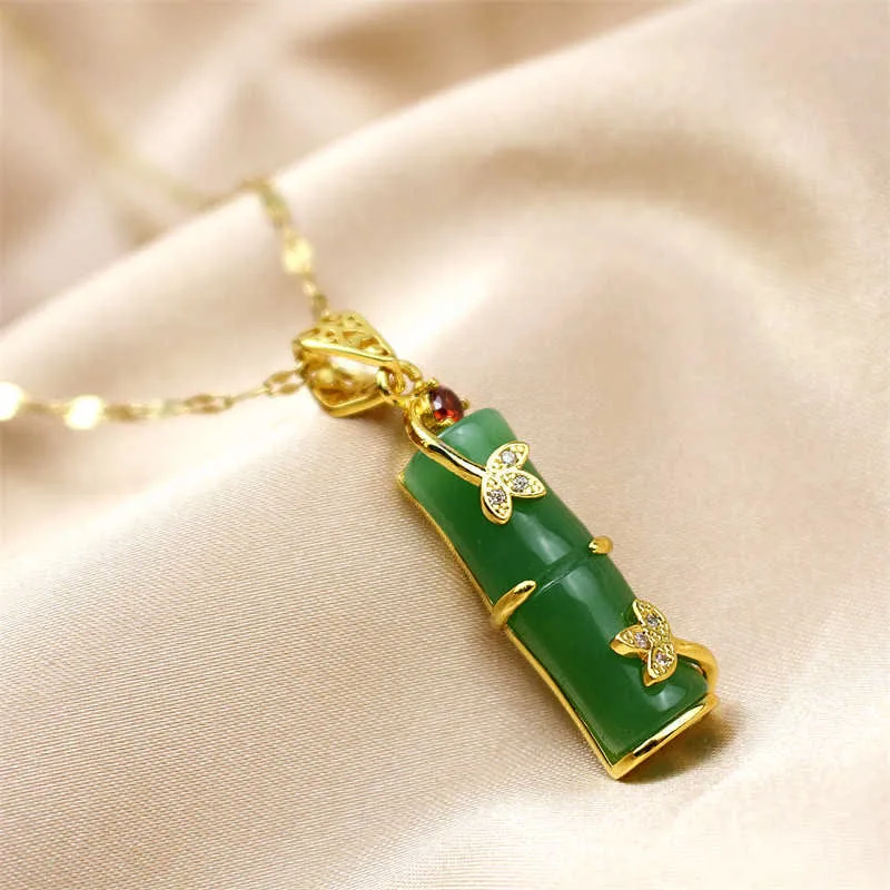 Mythstone White Jade Cyan Jade Bamboo Luck Protection Necklace Pendant - Image 8