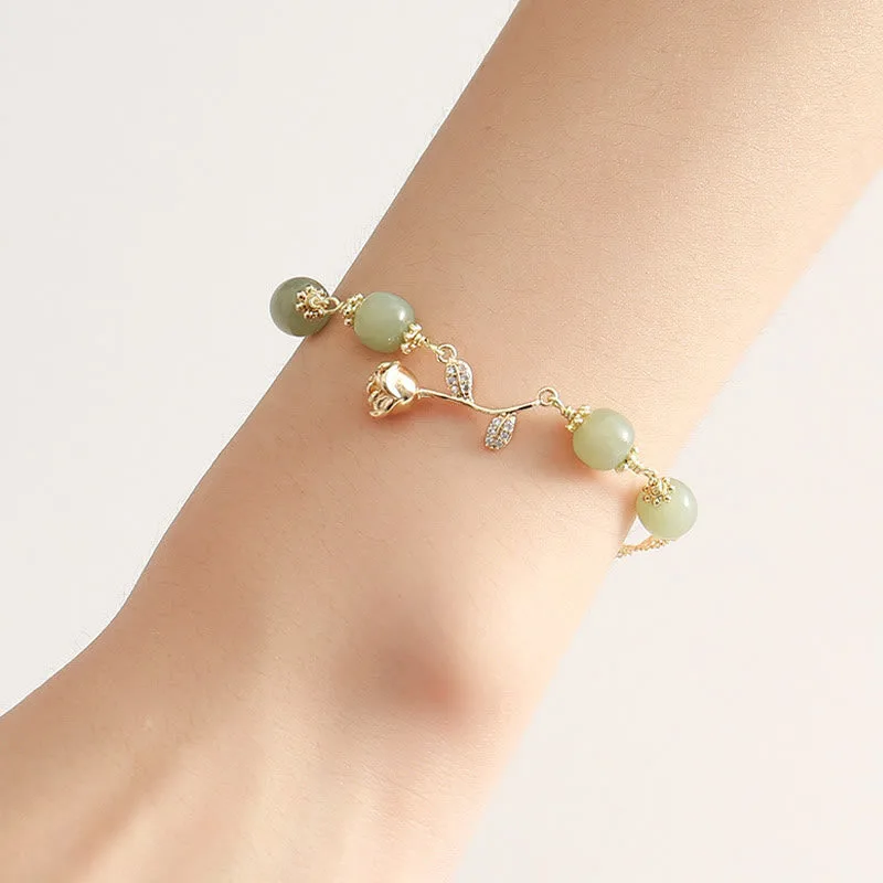 Mythstone 14K Gold Plated Hetian Jade Golden Rose Flower Luck Chain Bracelet - Image 7