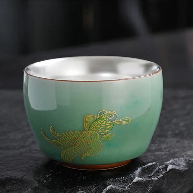 Mythstone - 999 Sterling Silver Gilding Butterfly Goldfish Lotus Koi Fish Ceramic Teacup Kung Fu Tea Cup 120ml - Image 6
