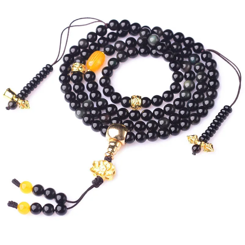 Mythstone 108 Beads Natural Black Obsidian Lotus Mala Bracelet for Fulfillment - Image 7