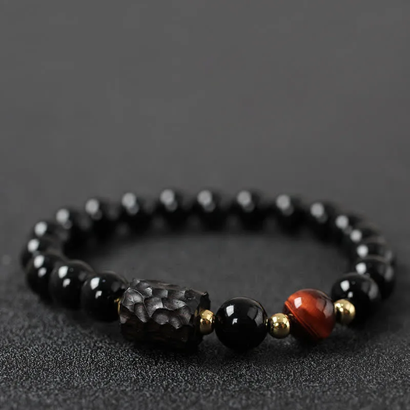 Black Obsidian Ebony Wood Red Tiger Eye Strength Couple Bracelet - Image 2