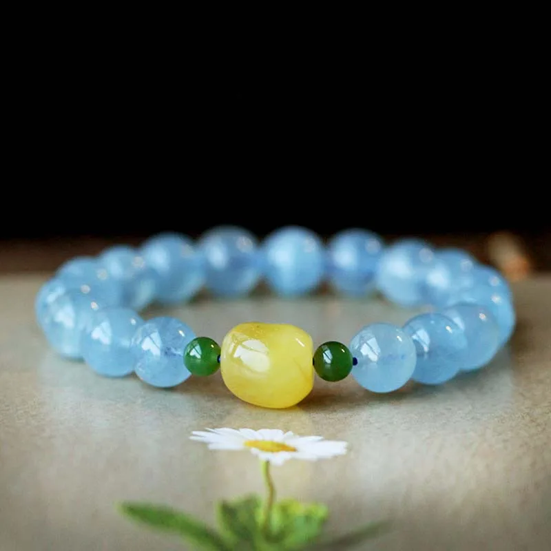 Natural Aquamarine Amber Beads Serenity Healing Bracelet - Image 6