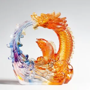 Mythstone - Feng Shui Dragon Koi Fish Handmade Liuli Crystal Art Piece Home Office Decoration