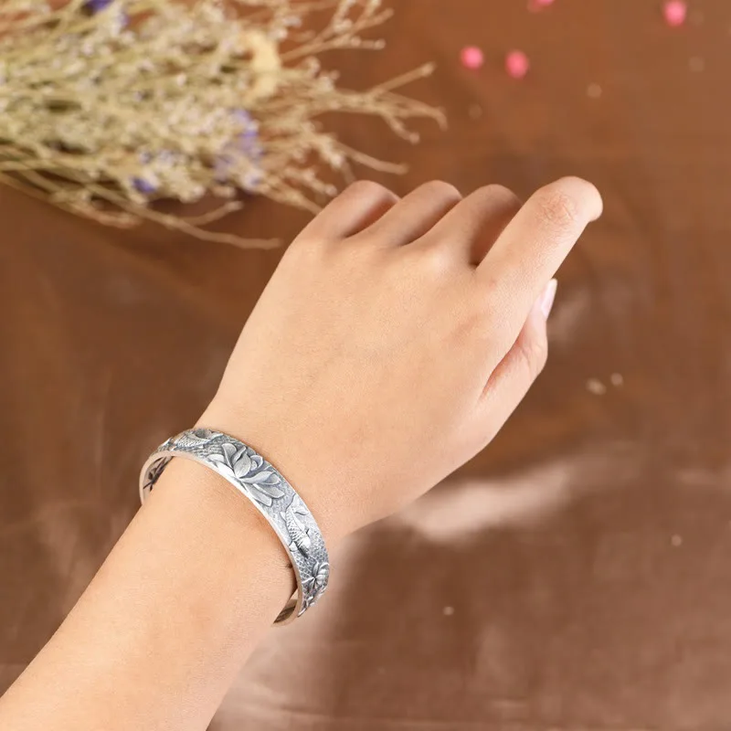 Mythstone - 999 Sterling Silver Luck Koi Fish Lotus Wealth Bracelet Bangle - Image 4