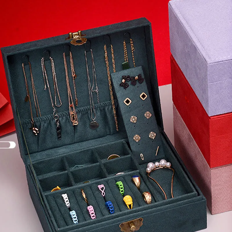 Mythstone Simple Design Jewelry Box Organizer Two-Layer Jewelry Storage Box Flannel Box With Lock - Image 5