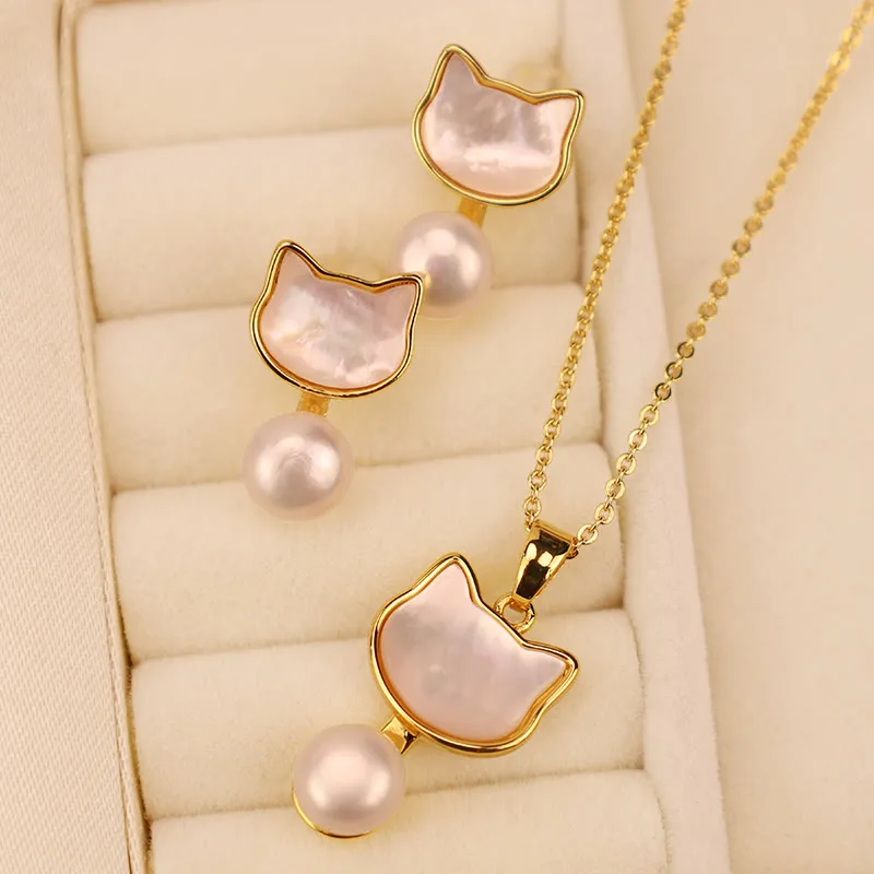 Mythstone 925 Sterling Silver Posts Cute Cat Tridacna Stone Pearl Ring Earrings Necklace Jewelry Set - Image 11