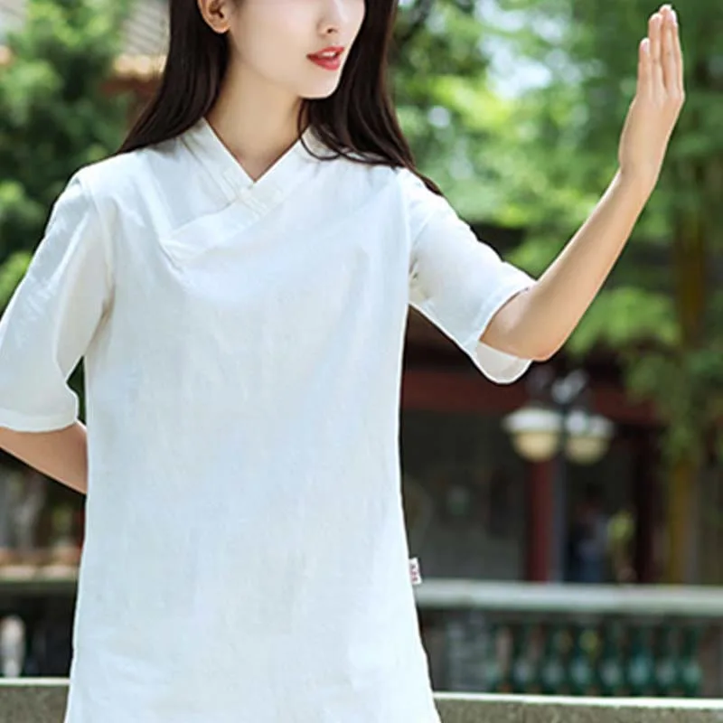 Mythstone 2Pcs Half Sleeve V-Neck Shirt Top Pants Meditation Zen Tai Chi Linen Clothing Women's Set - Image 8