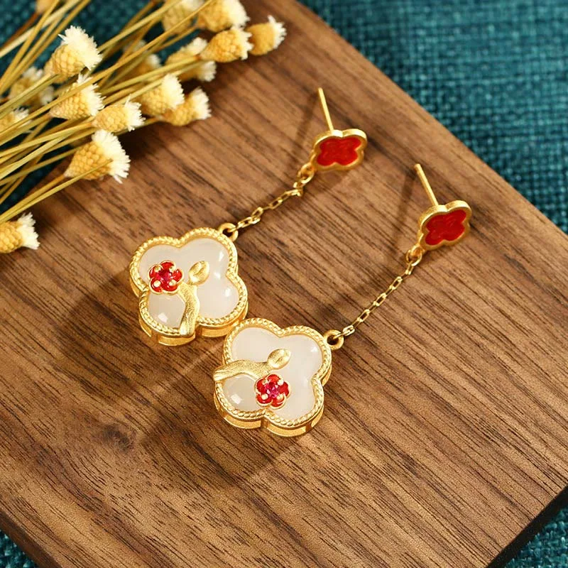 Mythstone 24K Gold Plated White Jade Four Leaf Clover Plum Blossom Luck Necklace Pendant Earrings - Image 9