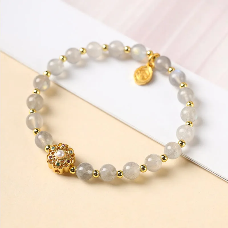 Mythstone 14K Gold Plated Natural Strawberry Quartz Labradorite Sun Stone Fu Character Positive Charm Bracelet - Image 7