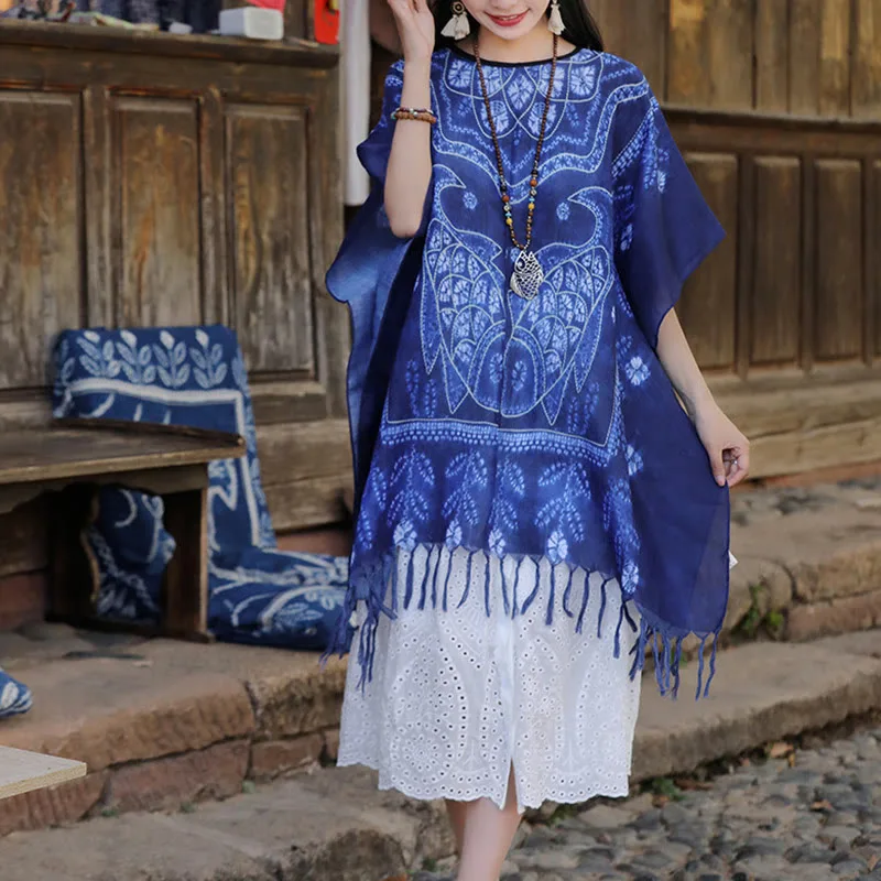 Mythstone Blue Tie Dye Koi Fish Shawl Tassels Soft Travel Pullover 90*95cm - Image 6