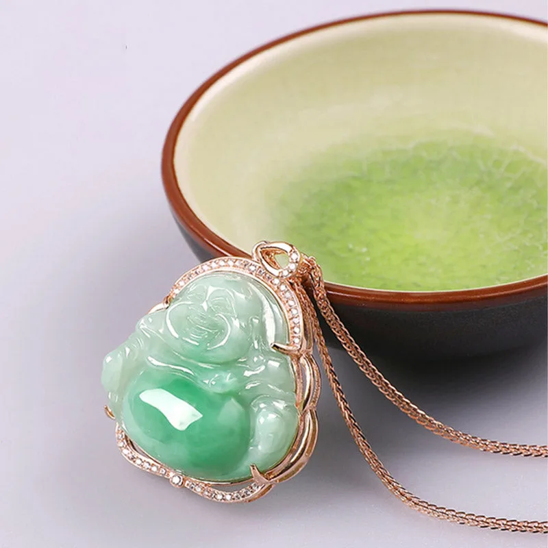 925 Sterling Silver Laughing Buddha Natural Jade Prosperity Necklace Chain Pendant - Image 6