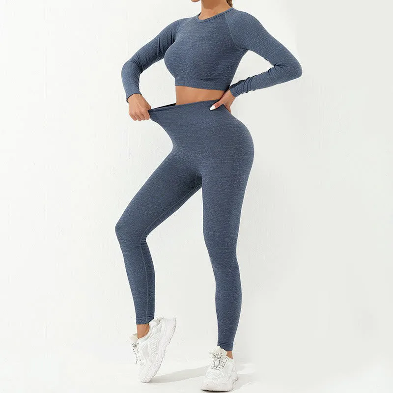 Mythstone 2Pcs Simple Print Crop Tank Bra Long Sleeve Top Leggings Pants Sports Outfits Women's Yoga Sets - Image 21