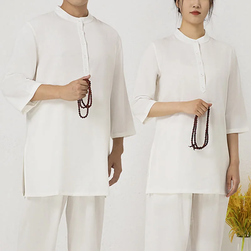 Mythstone 2Pcs Solid Color Three Quarter Shirt Top Pants Meditation Zen Tai Chi Cotton Linen Clothing Women's Set - Image 14