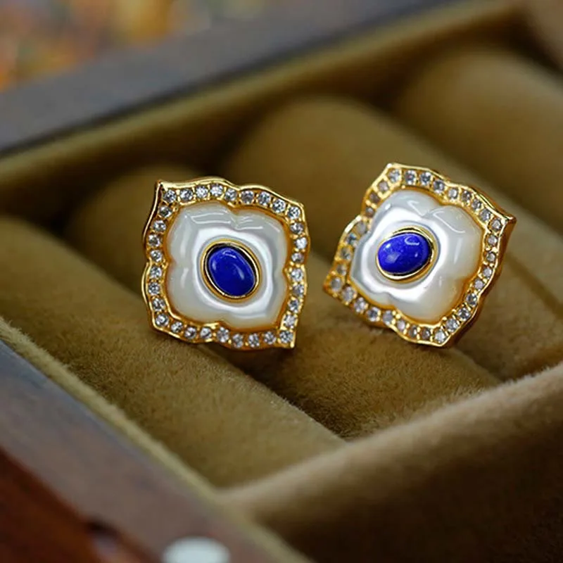 Mythstone 925 Sterling Silver Tridacna Stone Lazurite Prismatic Design Blessing Earrings Necklace Pendant Jewelry Set - Image 7