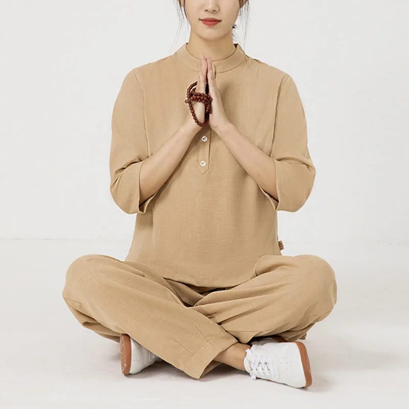 Mythstone 2Pcs Solid Color Three Quarter Shirt Top Pants Meditation Zen Tai Chi Cotton Linen Clothing Women's Set - Image 20