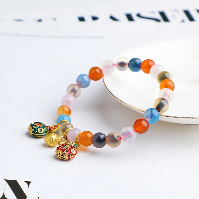 Mythstone Colorful Candy Agate Gold Swallowing Beast Family Peach Harmony Charm Bracelet - 图片 3