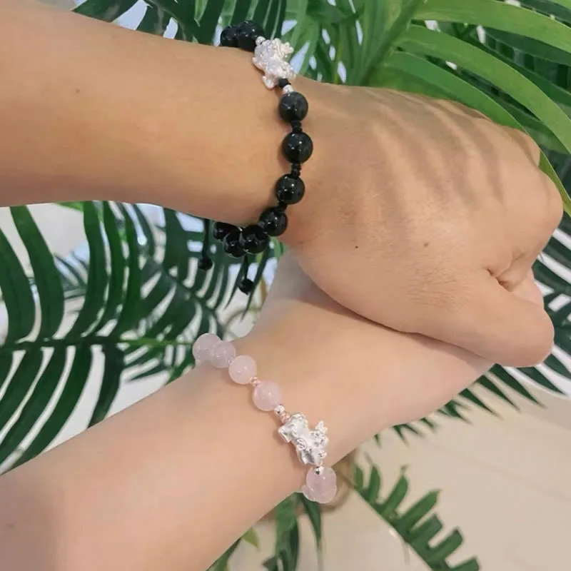 Mythstone Natural Black Obsidian Cat's Eye Pink Crystal PiXiu Strength Bracelet - Image 12