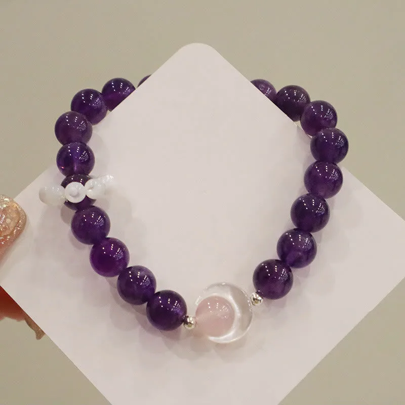 Mythstone 925 Sterling Silver Natural Amethyst Aquamarine Pink Crystal Cat's Eye Healing Crescent Moon Bracelet - Image 6