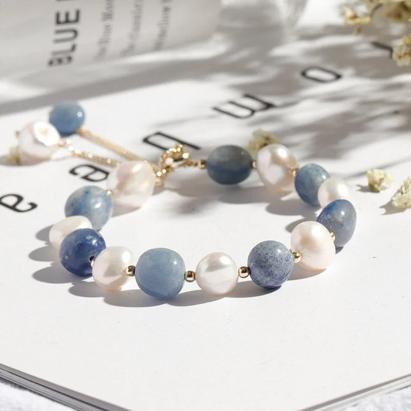 Mythstone Natural Blue Aventurine Crystal Pearl Bead Healing Bracelet - Image 2
