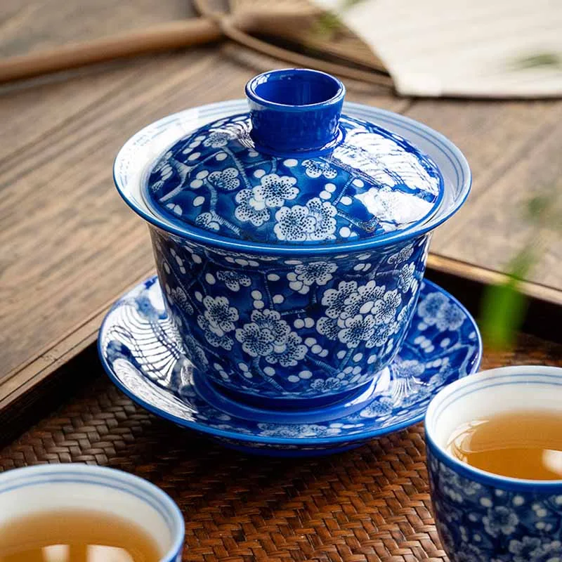 Mythstone Plum Blossom Blue And White Porcelain Ceramic Gaiwan Sancai Teacup Kung Fu Tea Cup And Saucer With Lid 185ml - Image 3