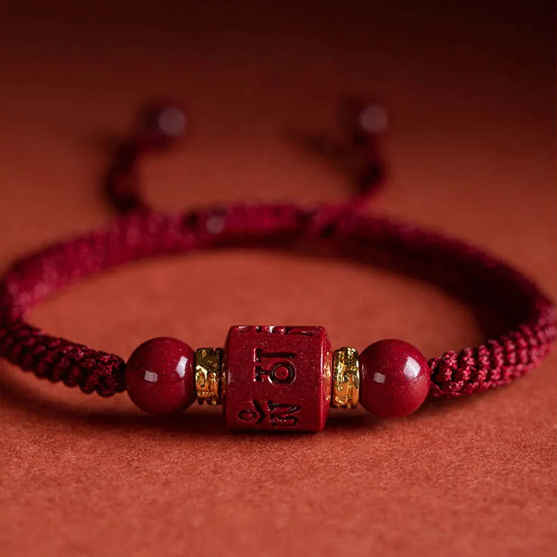 Mythstone Tibet Cinnabar Om Mani Padme Hum Engraved Blessing Braided Bracelet - Image 3