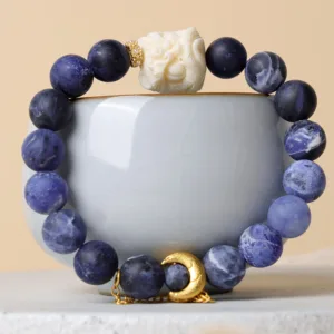 Mythstone Sodalite Ivory Fruit Dancing Lion Crescent Moon Harmony Bracelet