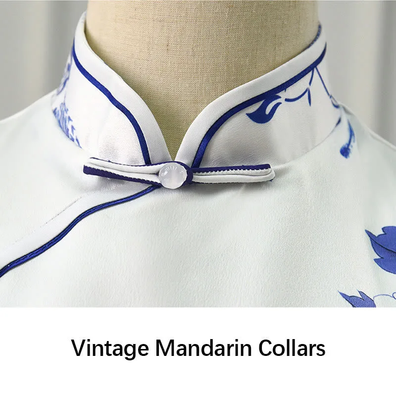 Mythstone Blue And White Porcelain Color Peony Flower Pattern Cheongsam Dress Women's Qipao Dress - Image 9