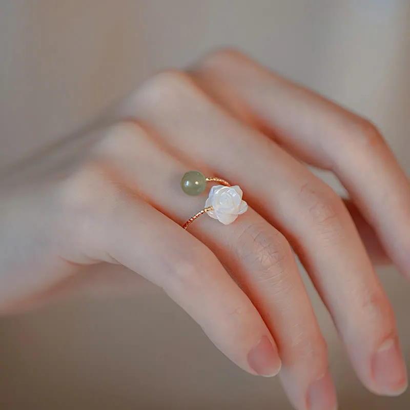 Mythstone 14K Gold Plated Tridacna Stone Rose Flower Jade Bead Blessing Ring - Image 10